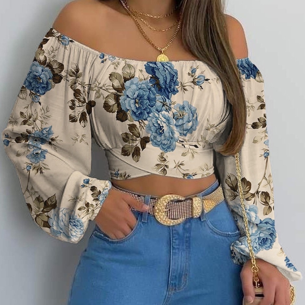 Womens Blue Floral‎ Off Shoulder Crop Top Long Sleeve Tie Back Boho Blouse Cream